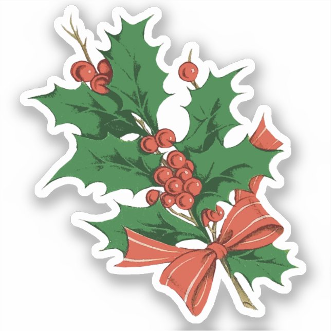 Retro Vintage Christmas Holly and Bow Sticker (Front)