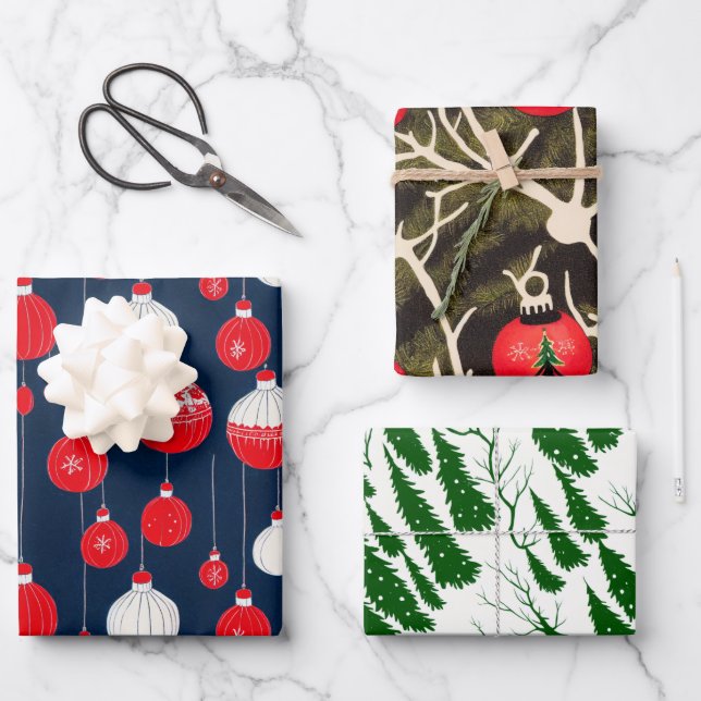 Retro Vintage Christmas Illustration Pattern Wrapping Paper Sheets (Front)