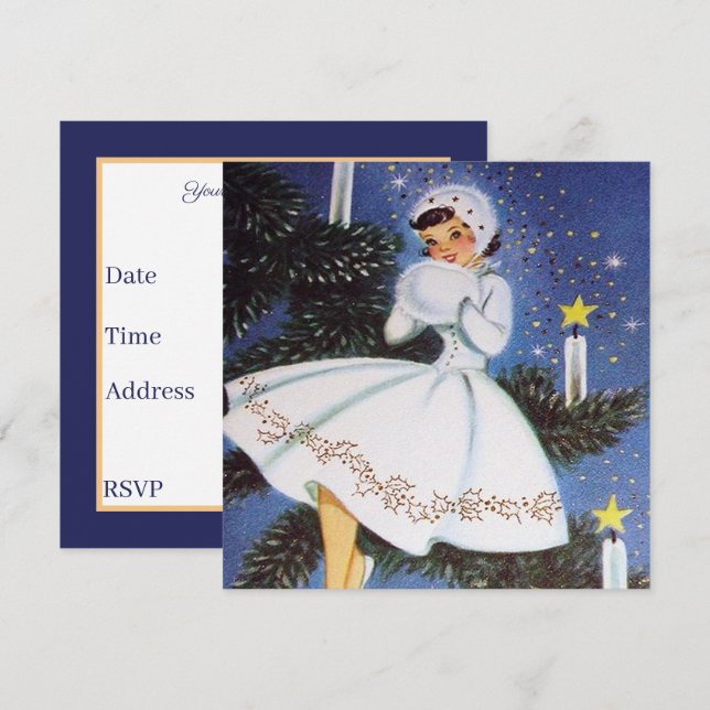 retro vintage Christmas lady add information Invitation (Front/Back)