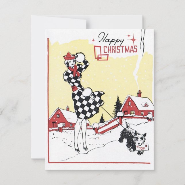 Retro Vintage Christmas lady add messafe card (Front)