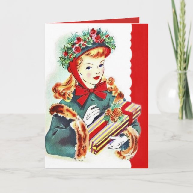 Retro vintage Christmas lady add message card (Front)
