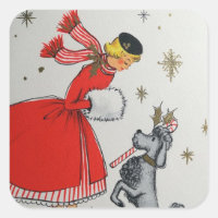 retro vintage Christmas lady and dog Square Sticker
