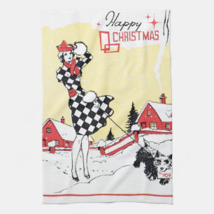 retro vintage Christmas lady Holiday kitchen Towel