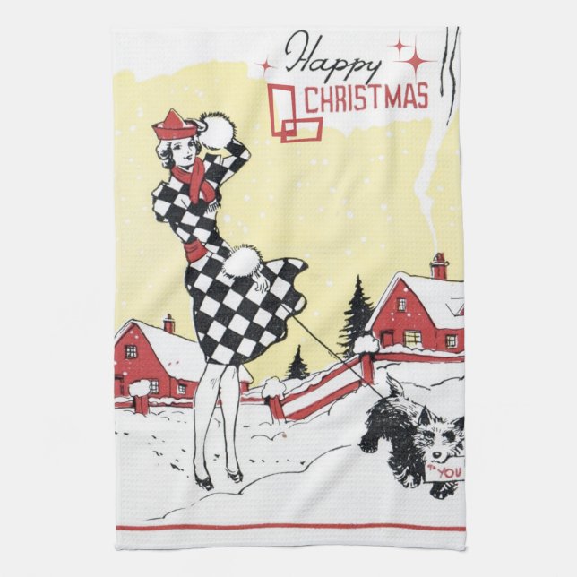 retro vintage Christmas lady Holiday kitchen Towel (Vertical)