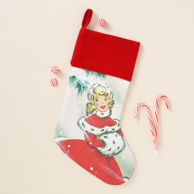 Retro Vintage Christmas lady Holiday stocking (Front)
