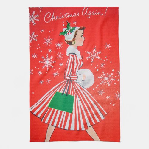 Retro Vintage Christmas Lady kitchen towel