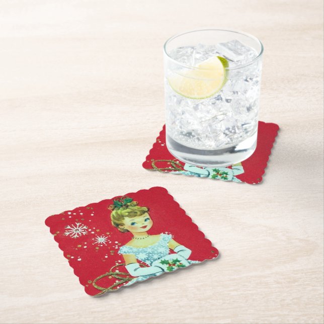 Retro Vintage Christmas lady party coaster (Insitu)