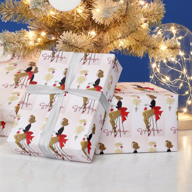retro vintage Christmas lady party Wrapping Paper (Holidays)