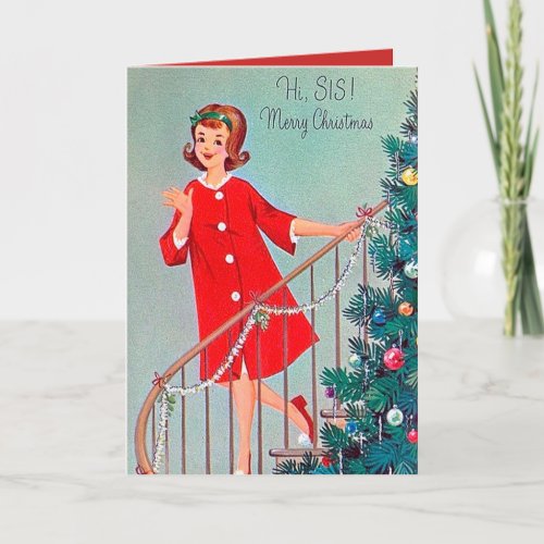 Retro vintage Christmas lady Sister add message Holiday Card
