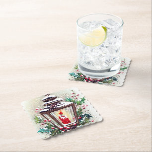 Retro vintage Christmas lamp paper coaster