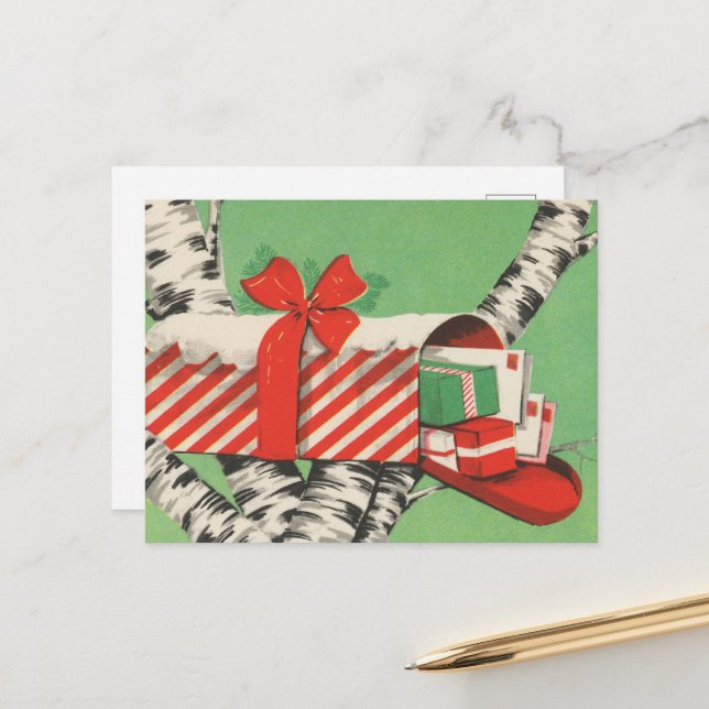 retro vintage Christmas mailbox  Holiday Postcard (Front/Back In Situ)
