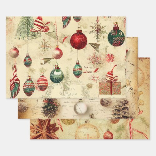 Retro Vintage Christmas Ornaments Pine Cones Wrapping Paper Sheets