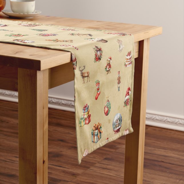 Retro Vintage Christmas Pattern Short Table Runner (In Situ)