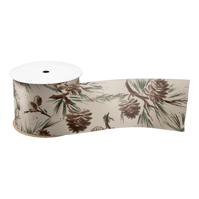 Retro Vintage Christmas Pinecones  Satin Ribbon (Spool)
