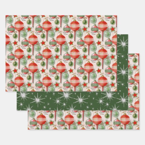Retro Vintage Christmas Red And Green Ornaments Wrapping Paper Sheets