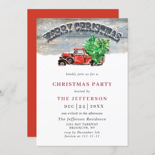 Retro Vintage Christmas Red Truck Holiday Party Invitation