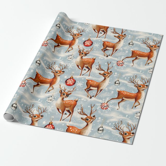 Retro Vintage Christmas Reindeer 3 Wrapping Paper (Unrolled)