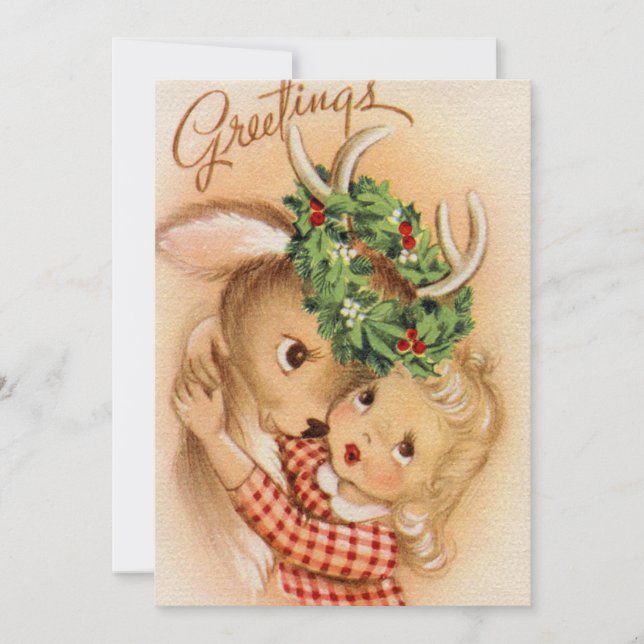 retro vintage Christmas reindeer and girl Holiday Card (Front)