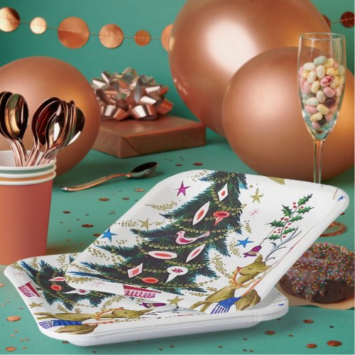 Retro vintage Christmas reindeer and tree party Paper Plates