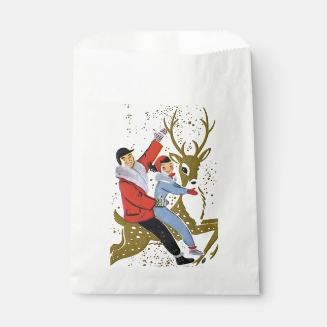 Retro vintage Christmas reindeer couple party Favor Bag (Front)