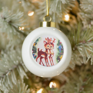 retro vintage Christmas reindeer Holiday Ceramic Ball Christmas Ornament