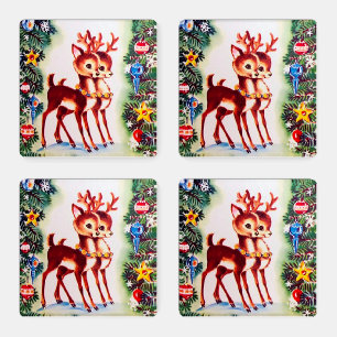 retro vintage Christmas reindeer Holiday Coaster Set
