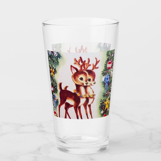 retro vintage Christmas reindeer Holiday Glass (Front)