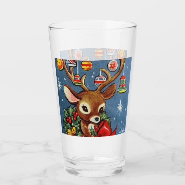 Retro vintage Christmas reindeer Holiday Glass (Front)
