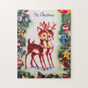 retro vintage Christmas reindeer Holiday Jigsaw Puzzle