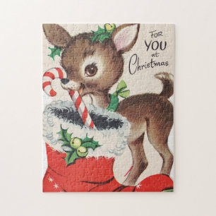 retro vintage Christmas reindeer Holiday Jigsaw Puzzle