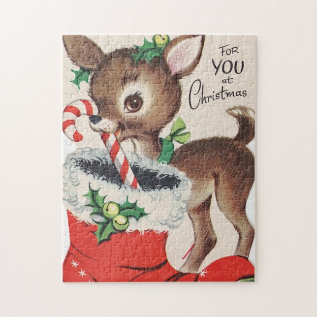 retro vintage Christmas reindeer Holiday Jigsaw Puzzle (Vertical)