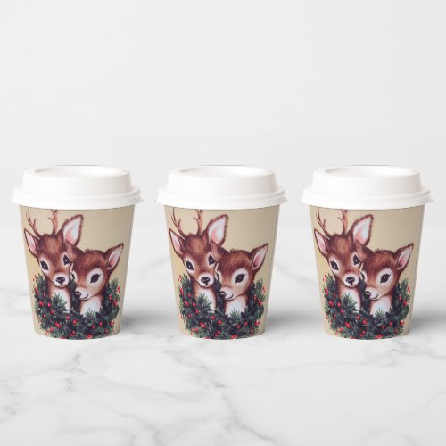 retro vintage Christmas reindeer Holiday  Paper Cups