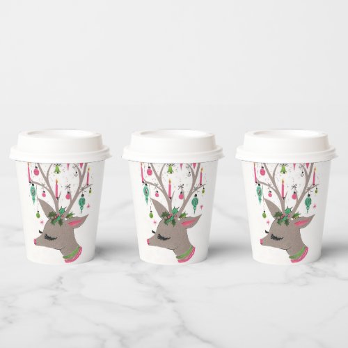 retro vintage Christmas reindeer Holiday party Paper Cups