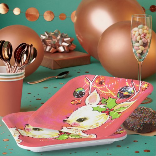 retro vintage Christmas reindeer Holiday party Paper Plates