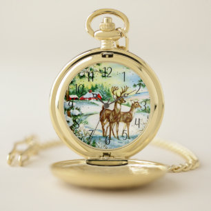 retro vintage Christmas reindeer Holiday Pocket Wa Pocket Watch