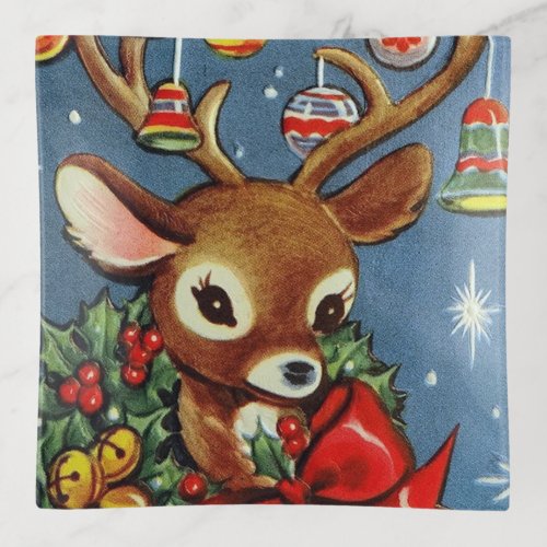 Retro Vintage Christmas reindeer Holiday Trinket Tray