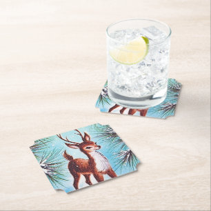 Retro vintage Christmas reindeer Paper Coaster