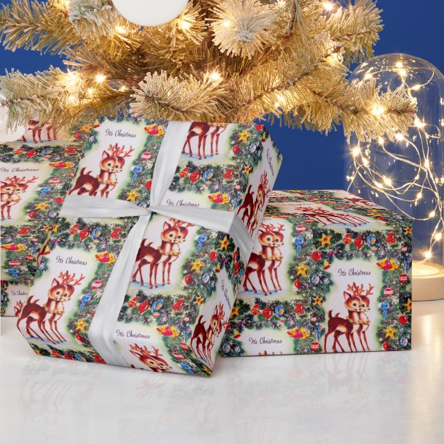 Retro vintage Christmas reindeer party wrap Wrapping Paper (Holidays)