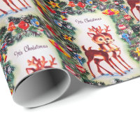Retro vintage Christmas reindeer party wrap Wrapping Paper