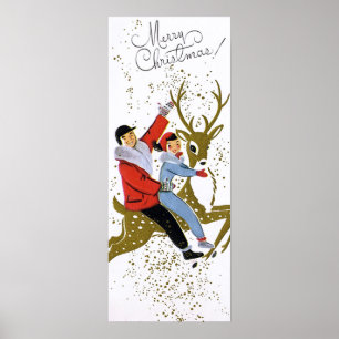 Retro vintage Christmas reindeer ride Holiday post Poster