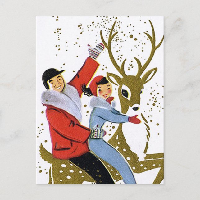 Retro vintage Christmas reindeer ride postcard (Front)