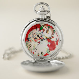retro vintage Christmas reindeer Santa Pocket Watch