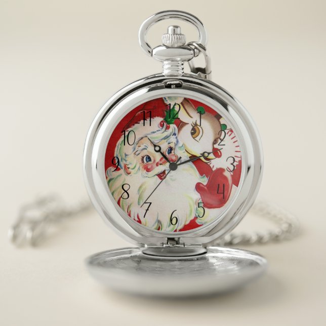 retro vintage Christmas reindeer Santa  Pocket Watch (Inside)