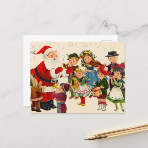 retro vintage Christmas Santa and kids Postcard