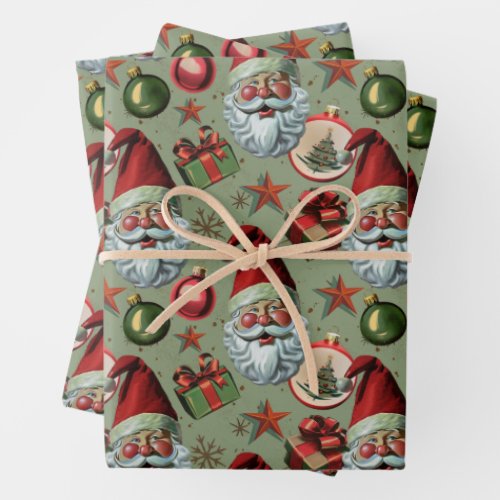 Retro Vintage Christmas Santa and Ornaments Wrapping Paper Sheets