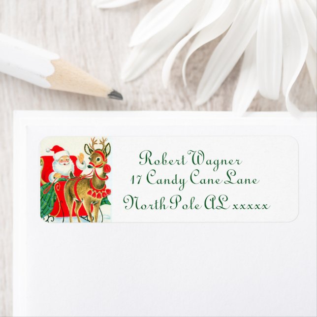 retro vintage Christmas Santa and reindeer  Label (Insitu)