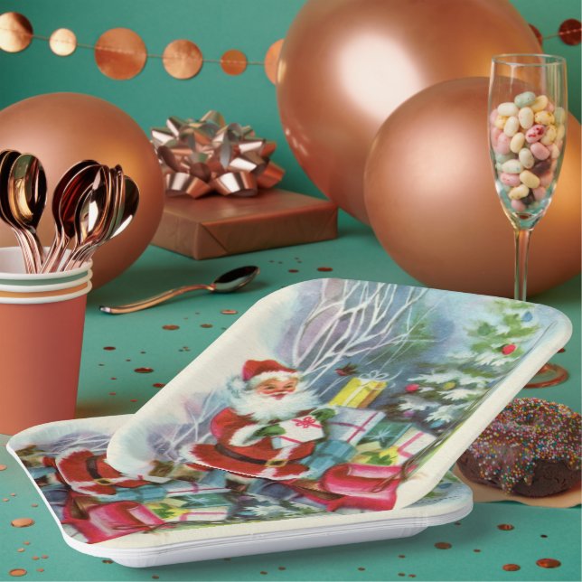retro vintage Christmas Santa Holiday Paper Plates (Multi)
