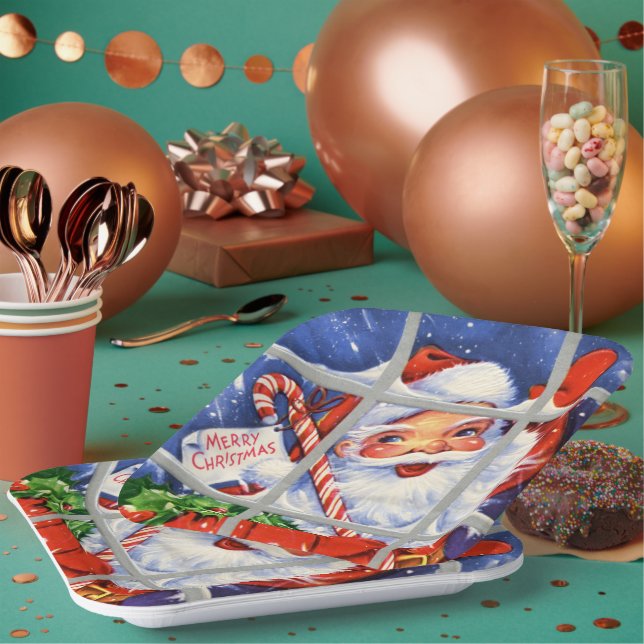 retro vintage Christmas Santa Holiday party Paper Plates (Multi)