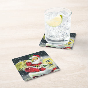 retro vintage Christmas Santa Holiday party Square Paper Coaster