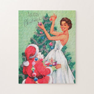 retro vintage Christmas Santa lady Holiday Jigsaw Puzzle